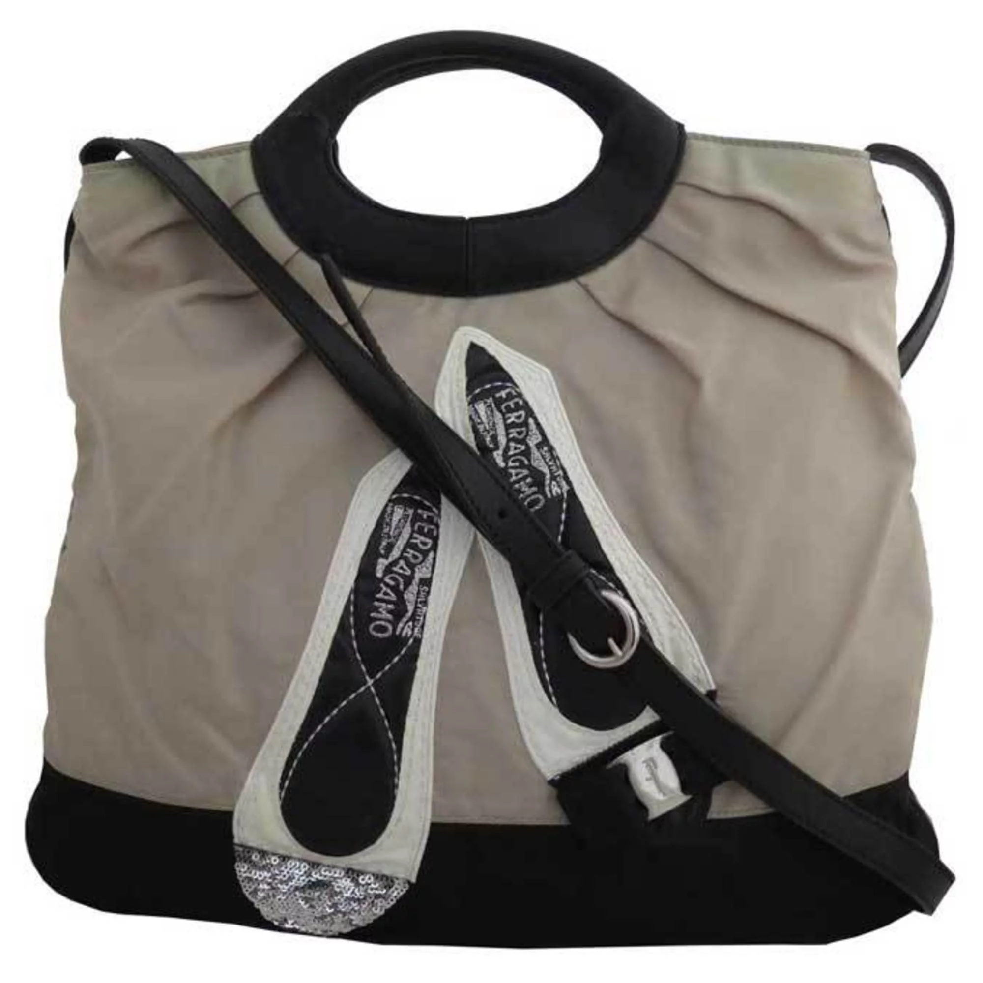 Pre-Owned Salvatore Ferragamo handbag shoulder bag vala ribbon nylon/leather greige x black white ladies (Good)