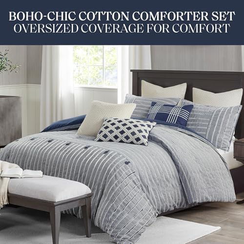 Madison Park King Comforter Set Clipped Jacquard Stripes with Buttons Boho Comforter for a King-Size Bed, Cotton Oversized Comforters with Removable Cover Boho Bedding, King Ivory 9 Piece