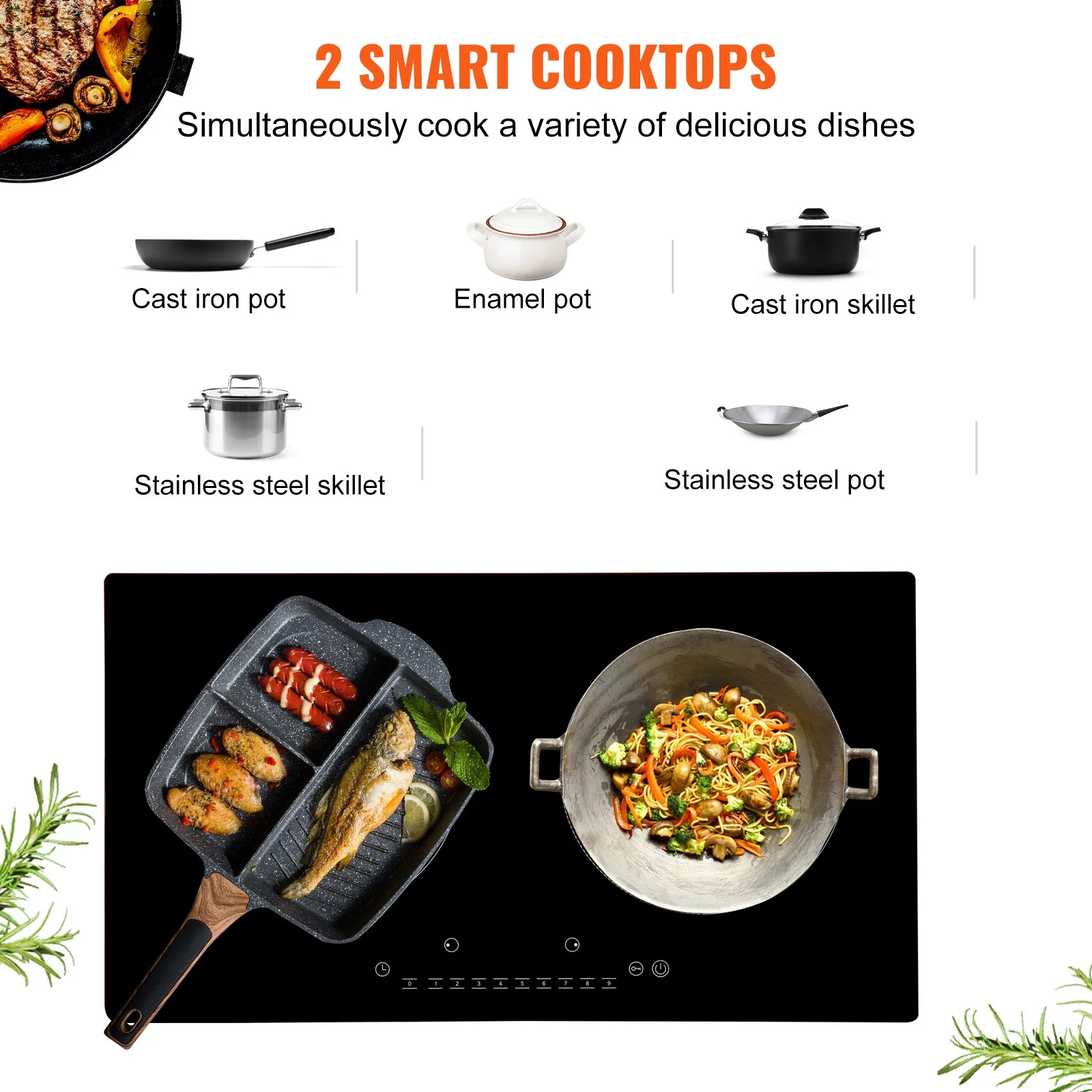 SKYSHALO 2 Burners Ceramic Glass Stove Top Touch Control 24 inch Electric Cooktop
