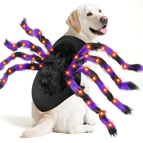 Camlinbo 24 LED Spider Dog Halloween Costume for Small Medium Large Dogs, Furry Giant Spider with Orange Purple Lights Puppy Pet Costume Outfits Clothes Funny Halloween Costume Party Cosplay