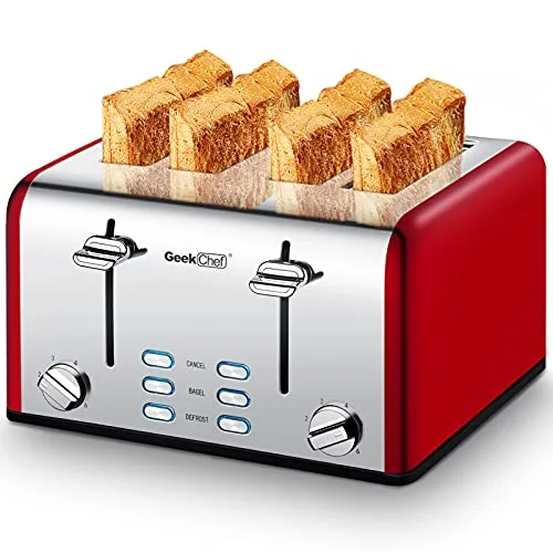 Geek Chef 4 Slice Extra Wide Slots Toaster Bagel Stainless Steel, Red (Used)
