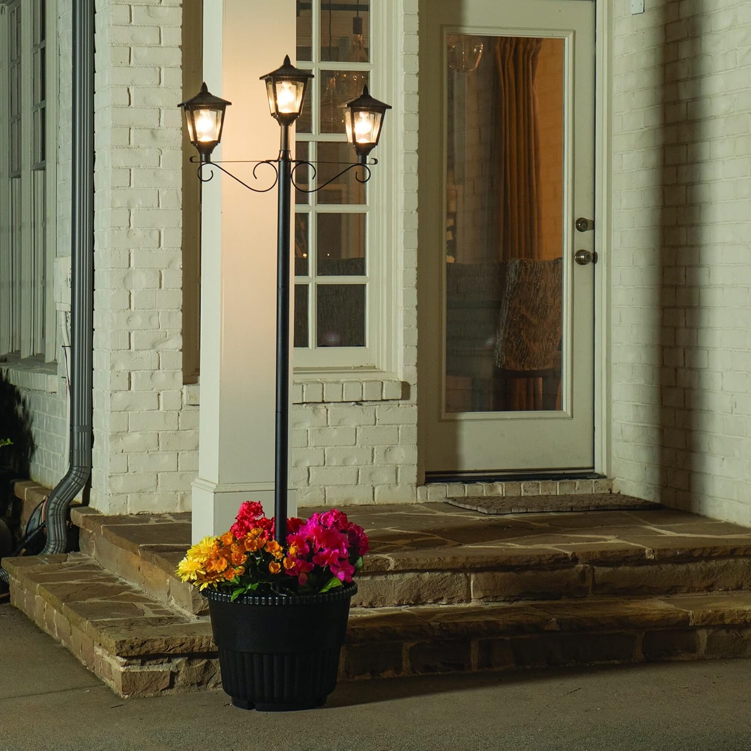Triple Solar Lamp and Post Set with Round Planter Black Resin