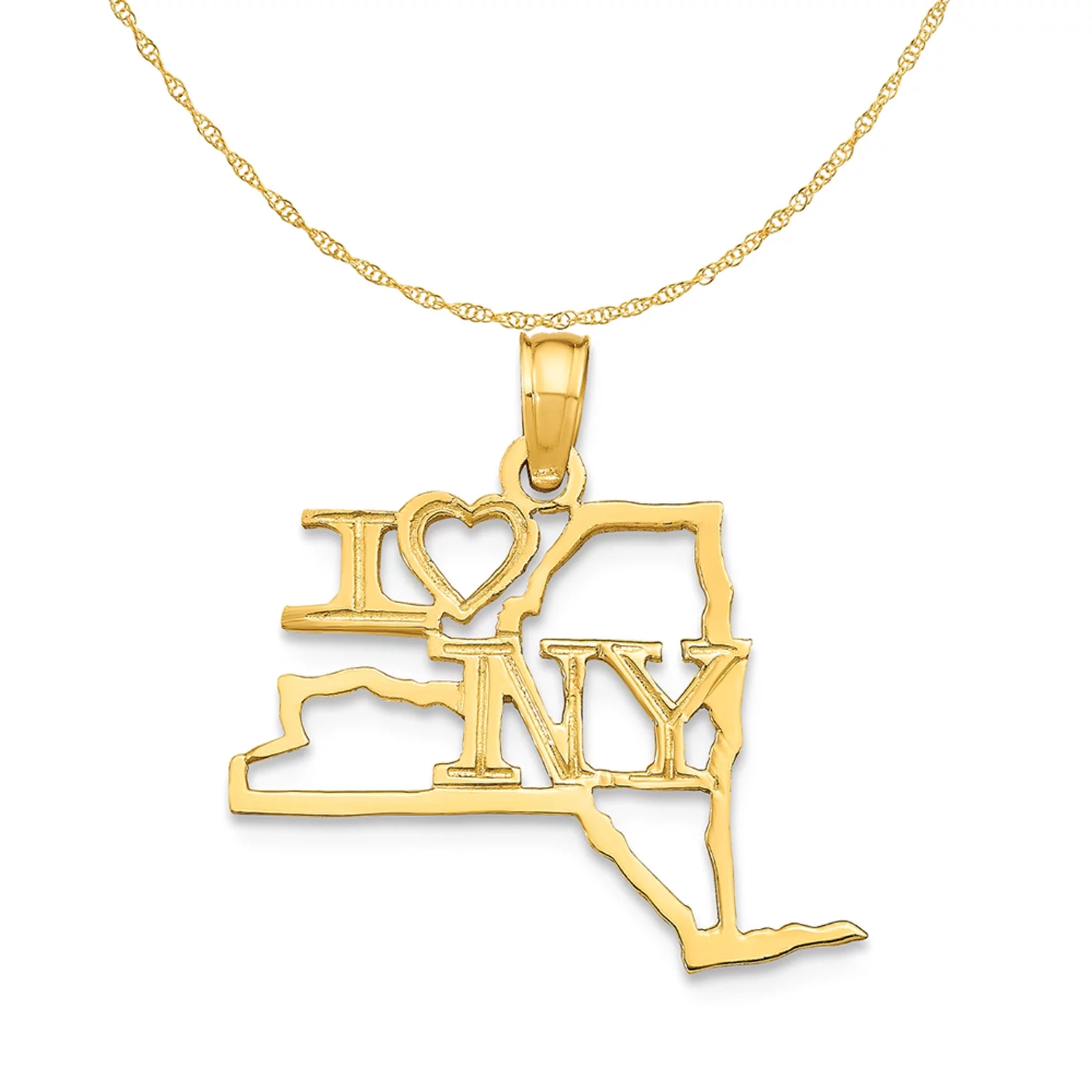 Carat in Karats 14K Yellow Gold Solid New York State Pendant Charm With 14K Yellow Gold Lightweight Rope Chain Necklace 16''