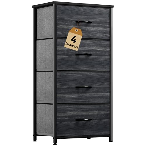 DWVO 4 Drawers Dresser, Dresser for Bedroom, Fabric Storage Tower, Chest of Drawers, Organizer Unit for Closets, Living Room, Sturdy Steel Frame, Wooden Top, Easy Pull Fabric Bins