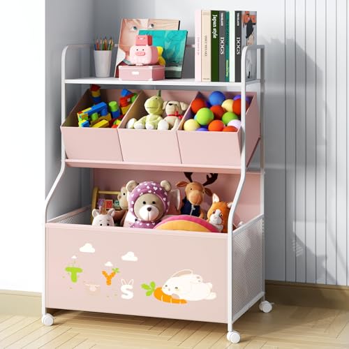 BBLIKE Toy Storage Organizer with Wheels - 3-Tier Kids Large Toy Box, Toy Chest Storage for Boys Girls Toddlers, Kids Bookshelf with 3 Fabric Toy Boxes for Playroom, White