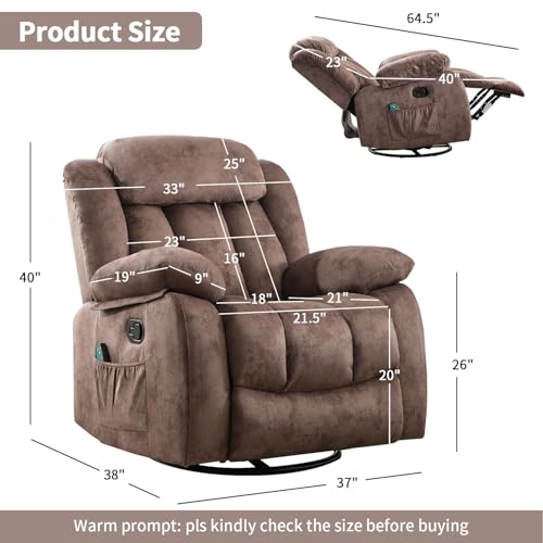 INZOY Massage Swivel Rocker Recliner with Heat and Vibration, Manual Rocking Recliner Chair with Vibrating Massage, Comfy Padded Overstuffed Soft Fabric Heated Recliner, Brown