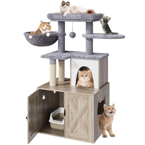 Litter Box Enclosure with Cat Tree,Cat Tree with Litter Box Enclosure,Hidden Pet Washroom Furniture with Sisal Scratching Post,Hammocks,Condo,Multiple Platform,Soft Plush Perch, Grey