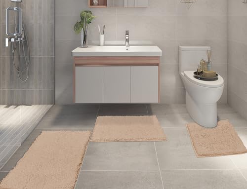 Bathroom Rugs Sets 3 Piece,Bath Mats for Bathroom Non Slip, Thick Chenille Bath Rug,Soft and Absorbent Shaggy Bathroom Mat Set, Machine Wash & Quick Dry Durable Carpet for Bath, Kitchen,Black