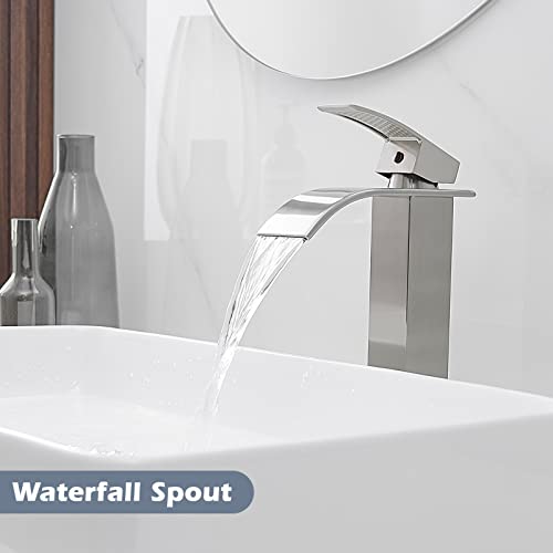 BWE Vessel Sink Faucet Modern Waterfall Chrome Single Hole Bathroom Faucet Single Handle with Pop up Drain Without Overflow Assembly Vanity Basin Bath Sink Faucets Mixer Tap