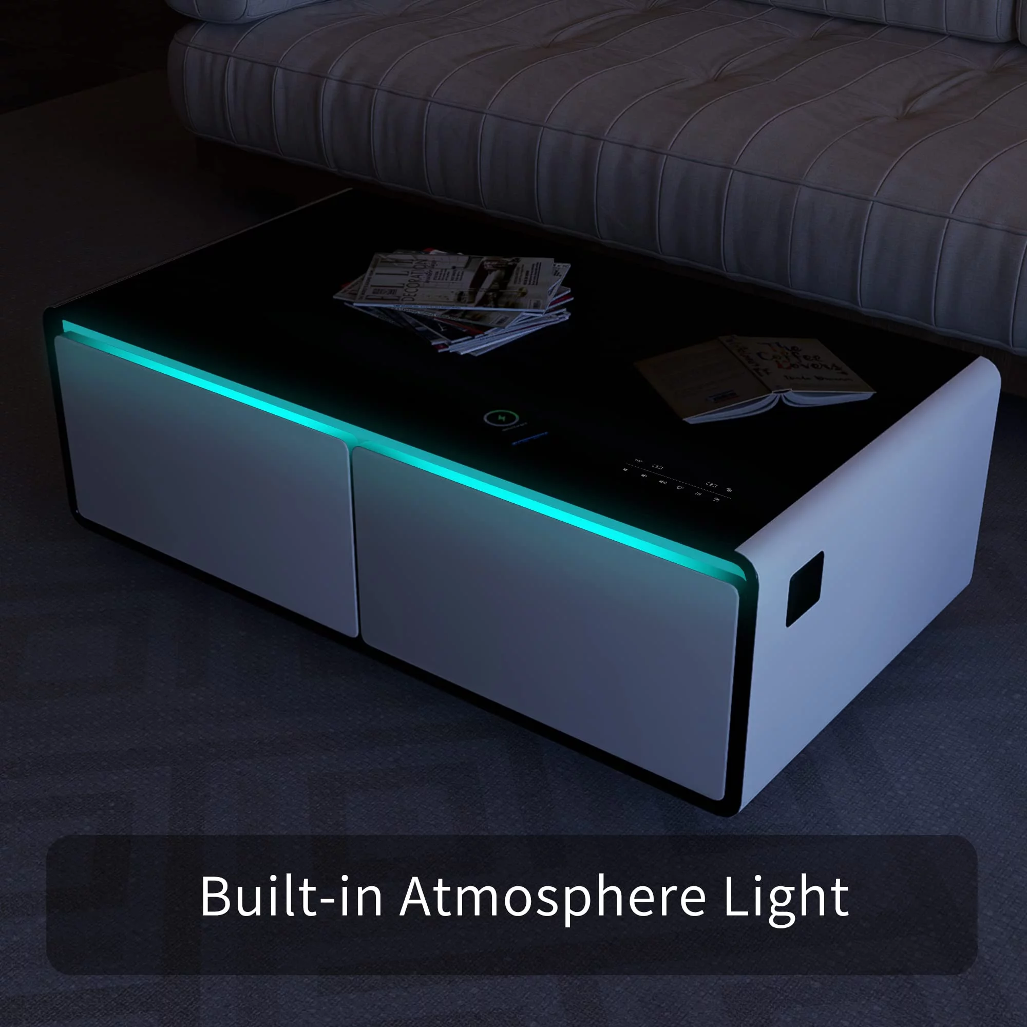 2023 Upgrade Smart Coffee Table with Fridge, Smart Refrigerator Table with Bluetooth Speaker, 15W Wireless Charging, USB Interface, LED Light, 120V Outlets, Touch Control Panel, 4.7Cu.ft, White