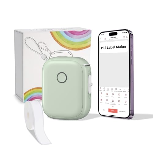 Label Maker Machine with Tape, Mini Bluetooth Label Printer P12 Portable Thermal Sticker Machine Small Thermal Sticker Printer with Multiple Templates for Storage Small Business Office Home