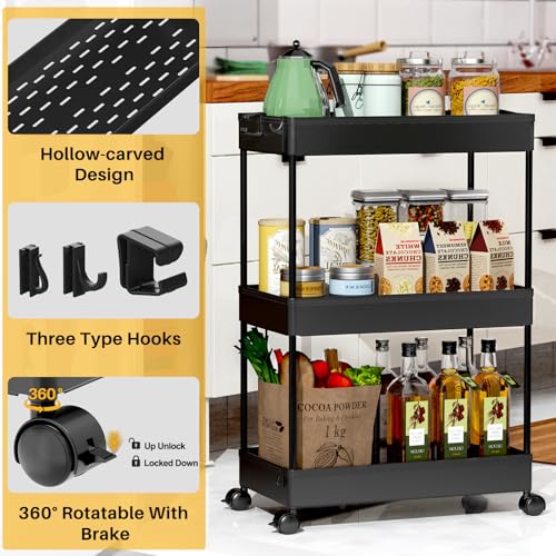 SPACEKEEPER Storage Rolling Cart 3 Tier, Laundry Room Organization Bathroom Cart Organizer Utility Mobile Shelving Unit Multi-Functional Shelves for Office, Kitchen, Black