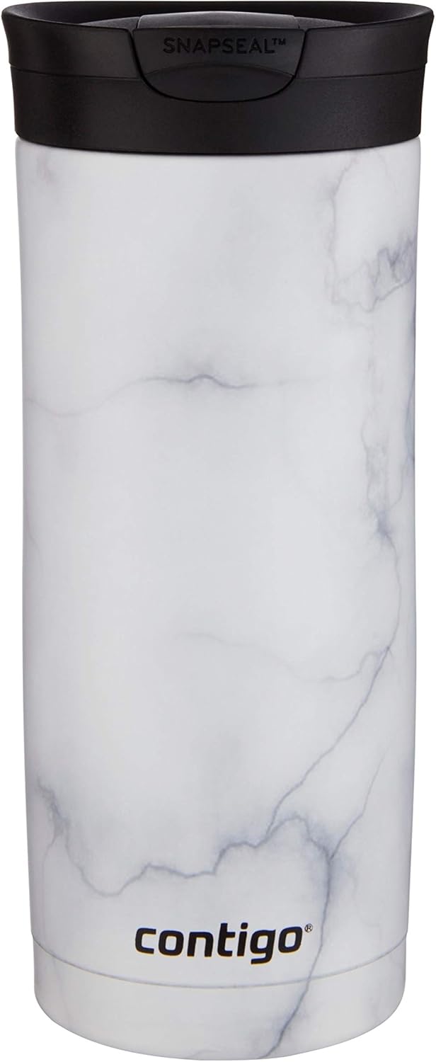 Contigo Huron 16oz Vacuum Insulated Stainless Steel Travel Mugs with Leak-Proof Lids, White Marble and Licorice