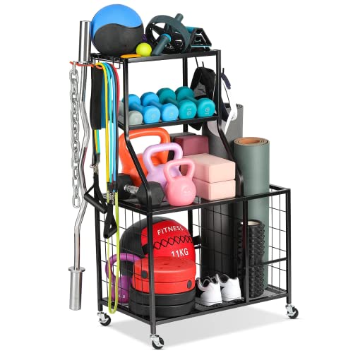 Weight Rack Home Gym Storage, Yoga Mat Storage Rack Workout Equipment Storage Rack for Dumbbells Kettlebell Resistance Band, Exercise Equipment Gym Rack Organizer with Wheel and Levelling Feet
