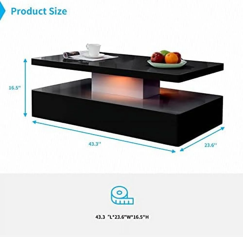 KHBIULIFE Modern Led Coffee Table  High Glossy Coffee Table with 12 Colors Lights  Rectangle Smart Table  Living Room Center/End Table with Lights  Living Room Table  (Black)
