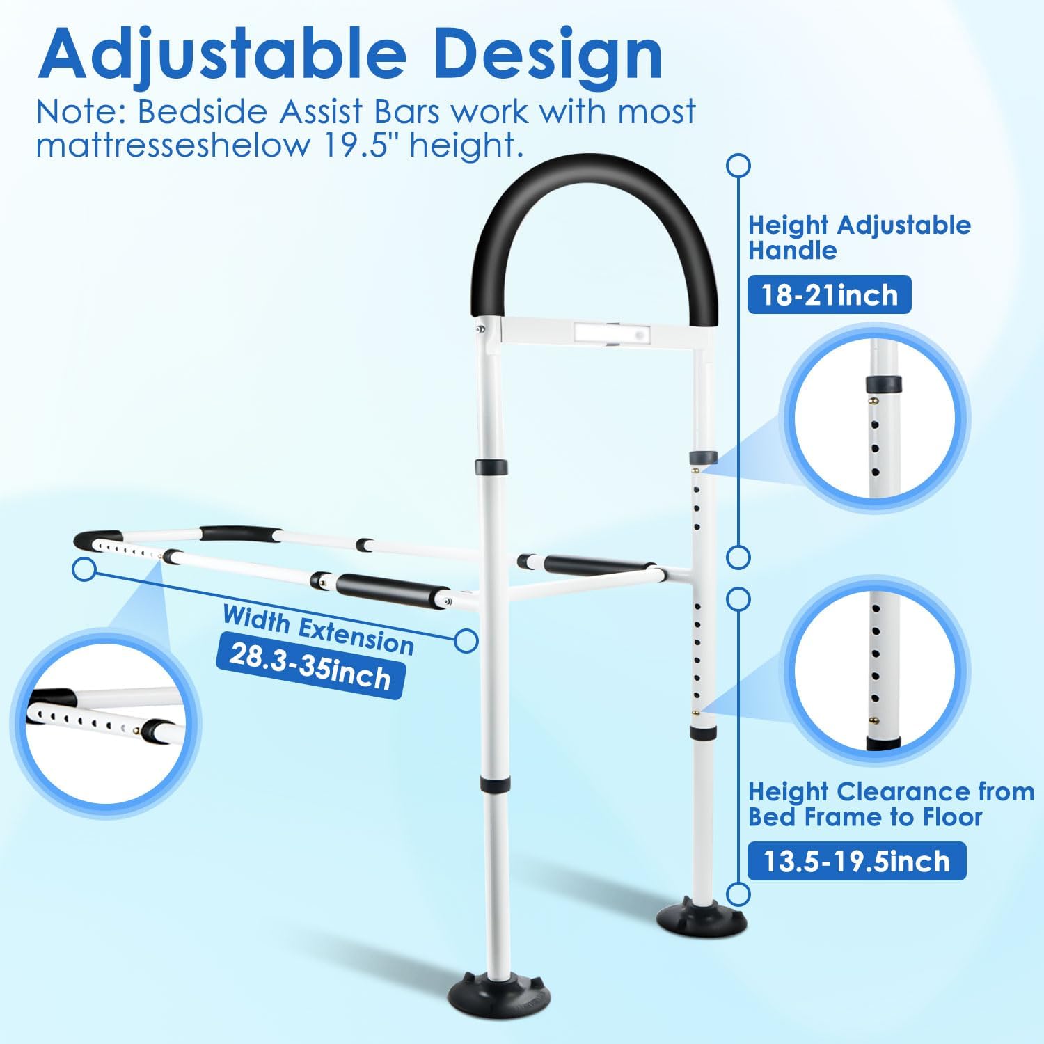 Bed Rails for Elderly Adults Safety-with Motion Light & Storage Pocket, Adjustable Bed Safety Rails for Seniors, Bed Assist Bar with Support Legs, Bed Cane for Seniors Fit Any Bed, Tool-Free Assembly