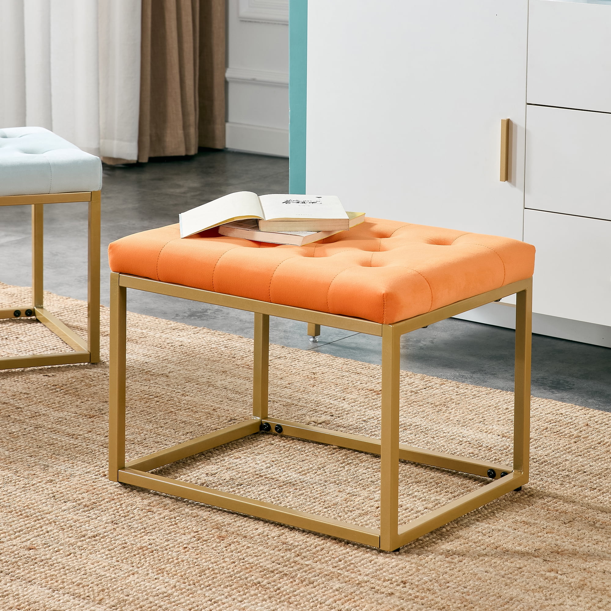 Velvet Shoe Changing Stool, Orange Footstool, Square Vanity Chair, Sofa stool,Makup Stool .Vanity Seat ,Rest stool. Piano Bench .Suitable for Clothes Shop,Living Room, Porch, Fitting Room Bedroom