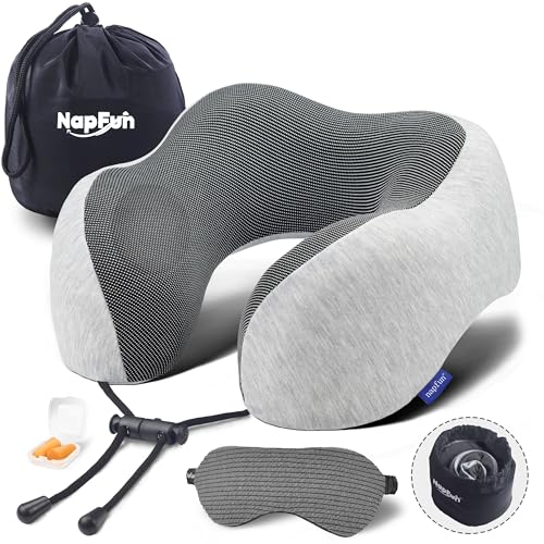 napfun Neck Pillow for Traveling, Upgraded Travel Neck Pillow for Airplane 100% Pure Memory Foam Travel Pillow for Flight Headrest Sleep, Portable Plane Accessories,