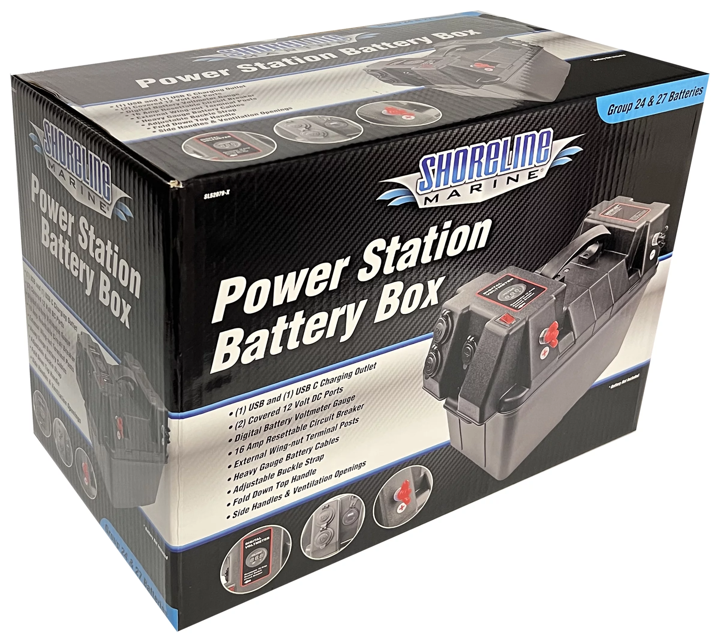 Shoreline Marine SL52079-X Deluxe Power Station Boat Battery Box with USB & USB-C, fits 27m Battery