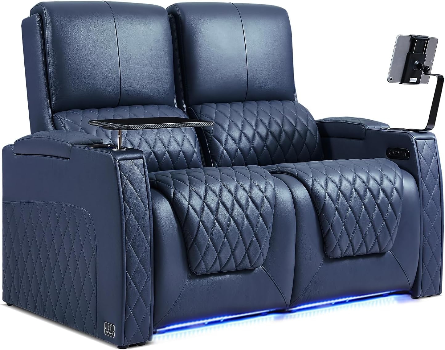 Weilianda Astronaut Zero Gravity Home Theater Seating Top Grain Leather Recliner Sofa Power Headrest Footrest with Carbon Fiber Tray Table, Tablet Stand, Cup Holders Row of 2 Loveseat Navy Blue