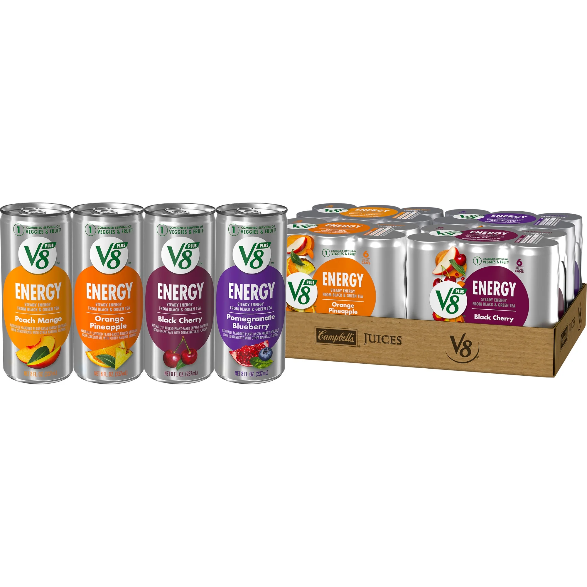 V8 +ENERGY Pomegranate Blueberry, Orange Pineapple, Peach Mango and Black Cherry Energy Drink Variety Pack, 8 fl oz Can (Pack of 24)