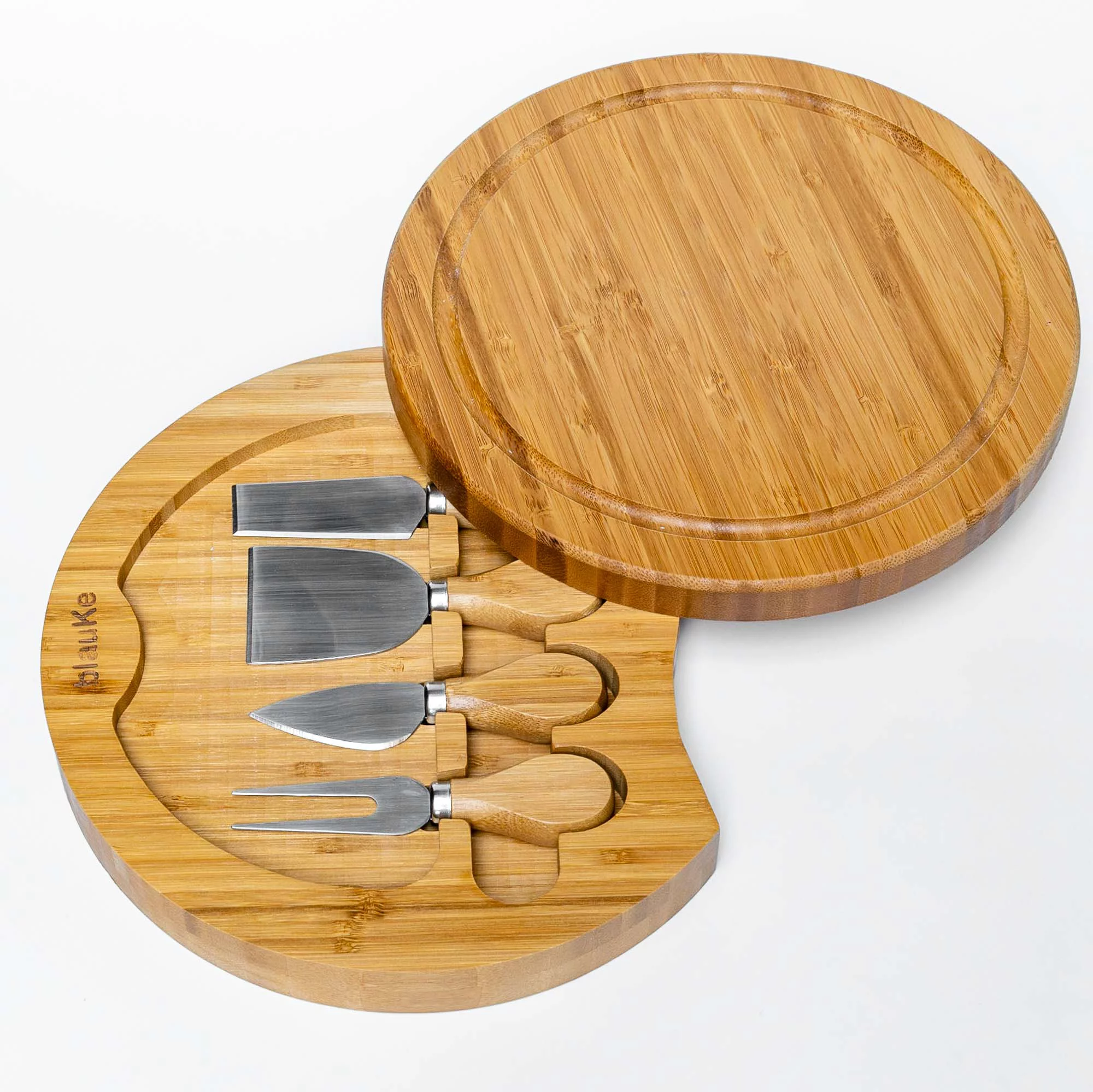 BlauKe® Bamboo Cheese Board and Knife Set – 10 inch Round Charcuterie Board, Serving Tray, Platter, Wood Cheese Board Set – Gift Idea