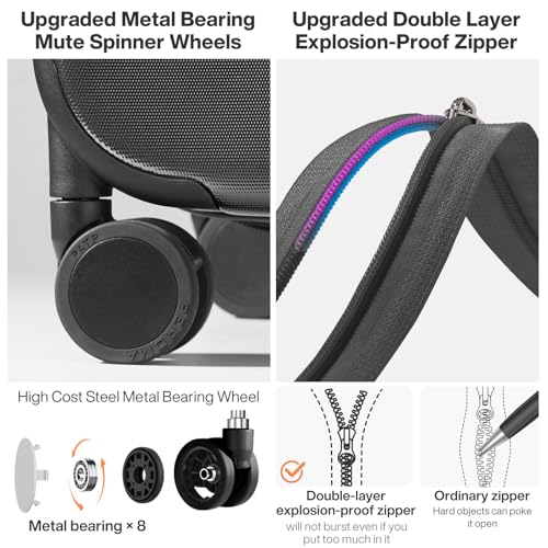 mixi Upgrade Carry on Luggage 14 Inch Underseat Personal Item Suitcases with Spinner Wheels, Hardside Rolling Suitcase PC with TSA Lock Lightweight Travel Case, Fine Grid Black