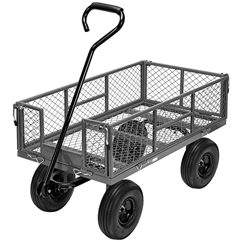 VIVOHOME Heavy Duty 880 Lbs Capacity Mesh Steel Garden Cart Folding Utility Wagon with Removable Sides and 4.10/3.50-4