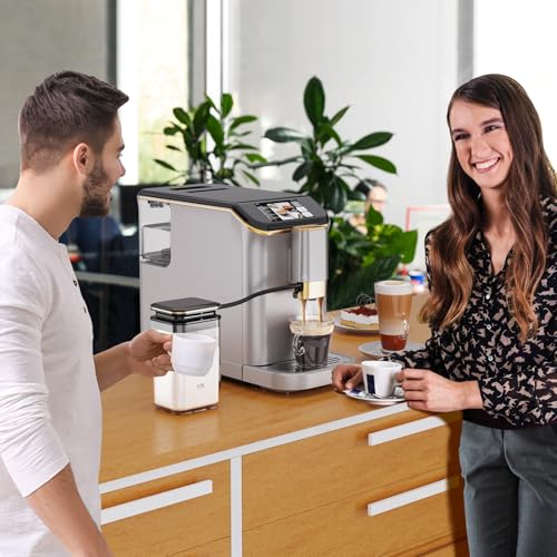 Espresso Machine with 15 Grind Settings | Fully Automatic, 20 Bar Pressure & Milk Frother - Touch Display, 1.5L Tank, Steel Gold