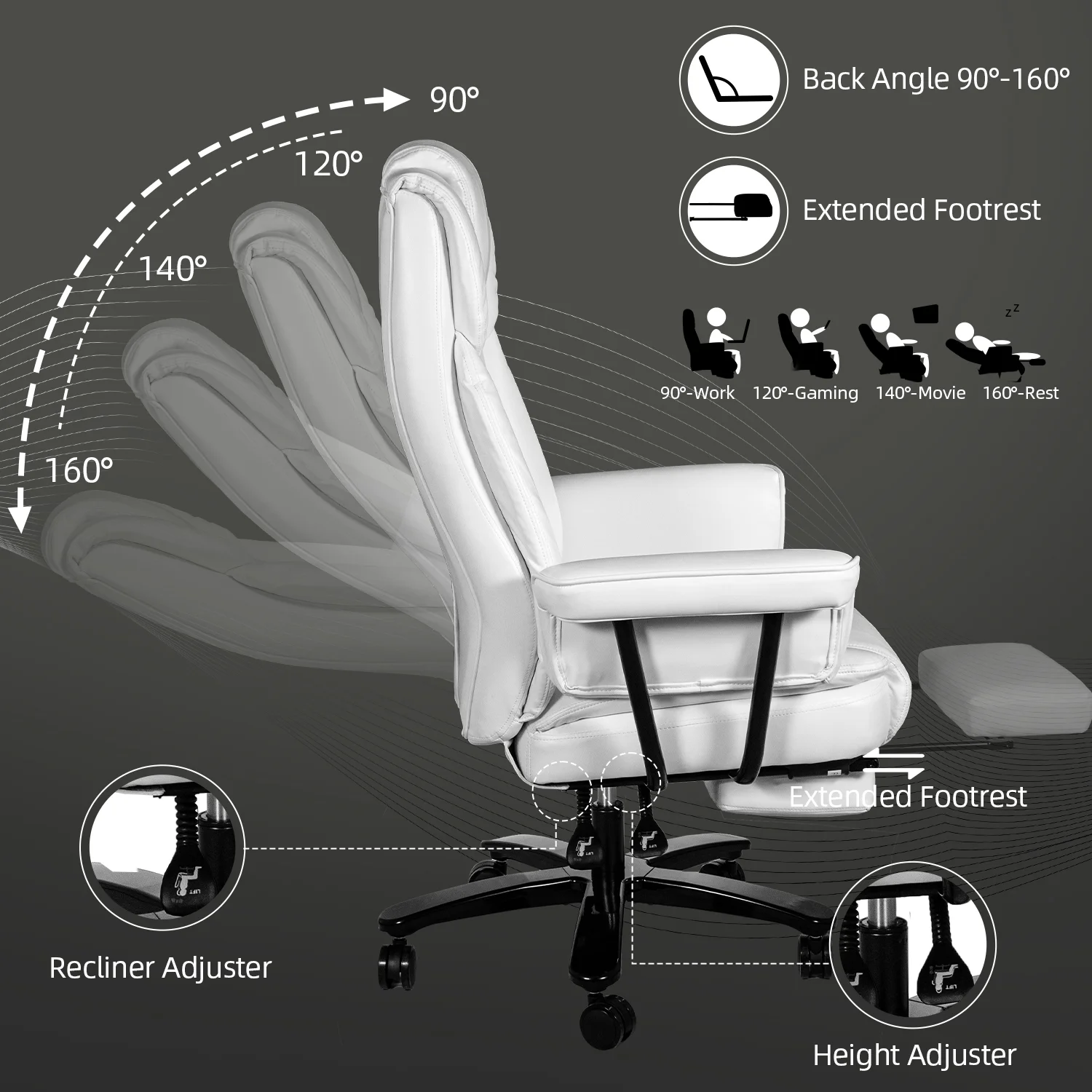 SeekFancy High Back Executive Office Chair, Ergonomic PU Leather Office Chair Heavy Duty Computer Desk Chair Reclining Office Chair with Footrest, White