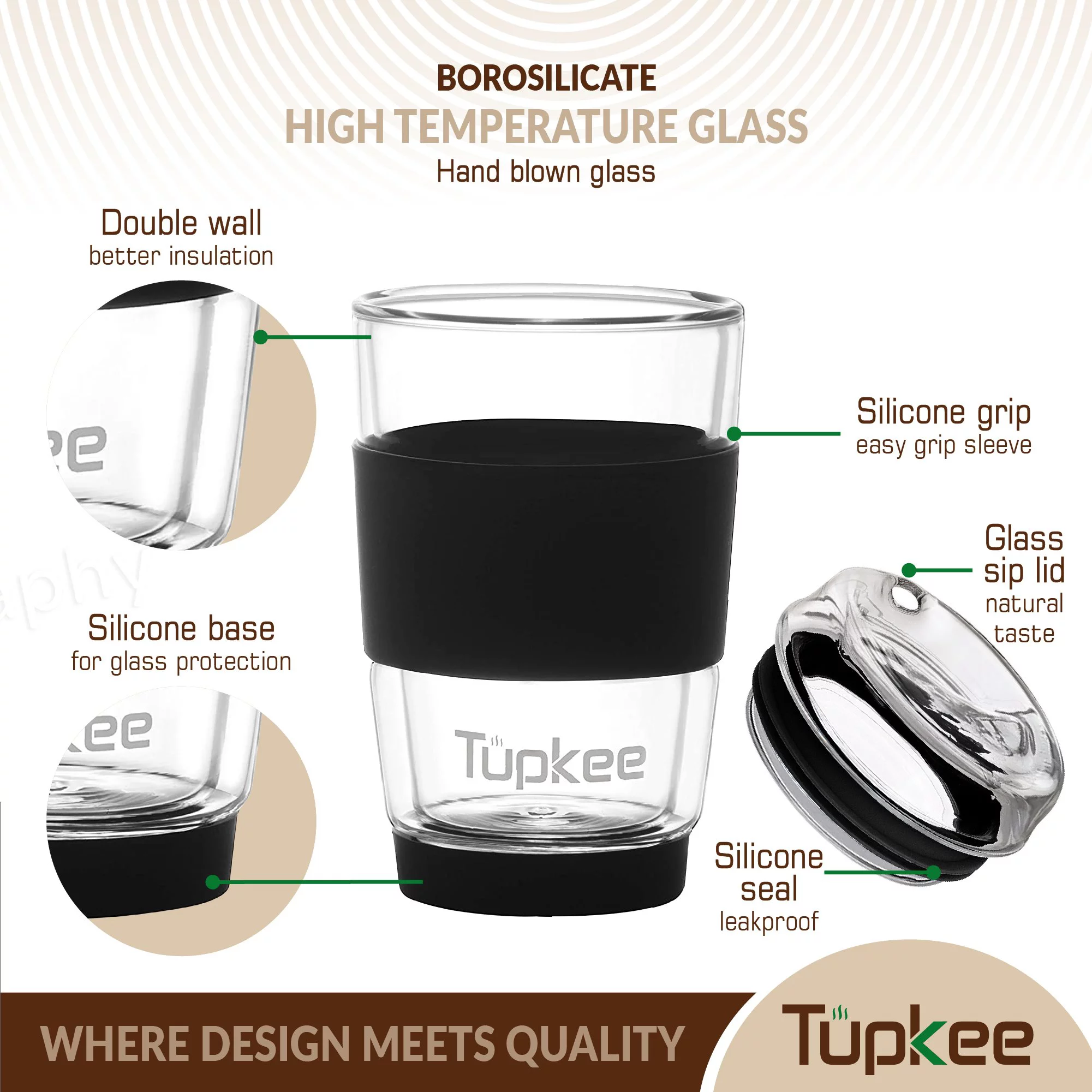 Tupkee Double Wall Glass Tumbler - All Glass Reusable Insulated Tea/Coffee Mug & Lid, Hand Blown Glass Travel Mug, 8-Ounce, Black