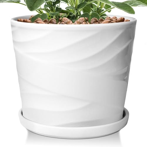 8 Inch Plant Pot, Ceramic Planters for Indoor Plants with Drainage and Saucer, Large Plant Pots, Modern Planter(Gray White, Planter Only)