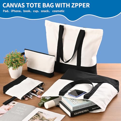 16 Pack Canvas Tote Bags Bulk and Makeup Pouches Set, 12oz Cotton Reusable Zippered Grocery Bags with Handles, DIY Sublimation, Halloween Craft, Beach & Travel with External Pocket (Women & Men)