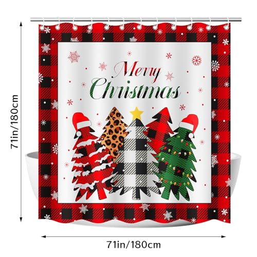 4Pcs Christmas Shower Curtain Set - Merry Christmas Bathroom Set Holiday Shower Curtain with Non-Slip Rugs, Toilet Lid Cover and Bath Mat