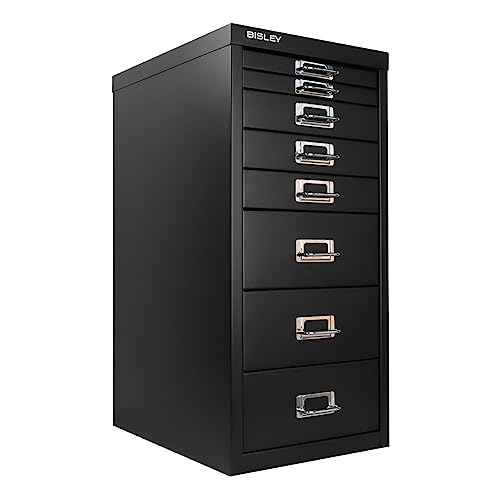 Bisley 10-Drawer Steel MultiDrawer Cabinet - Black, Chrome Pull Handles with Label Holders, Powder-Coated Steel, Removable Drawers, Fits Under Most Desks, Labels Included