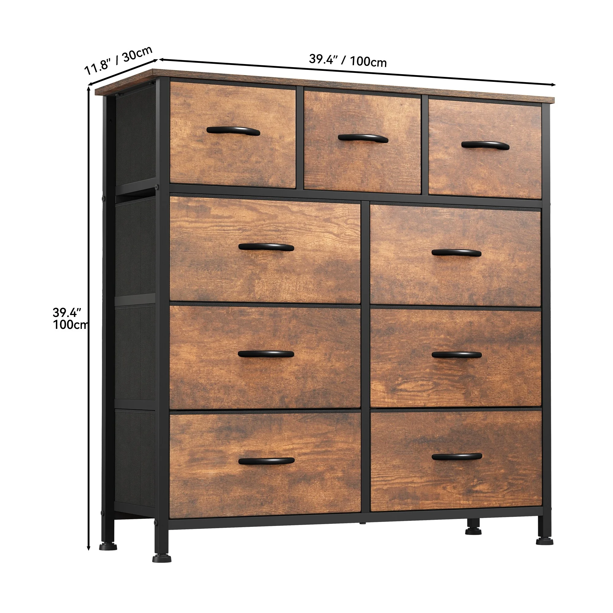 Warranty Company Moasis Rustic Wood-grain Badroom Dresser with Metal Frame, Wooden Top 9-drawer