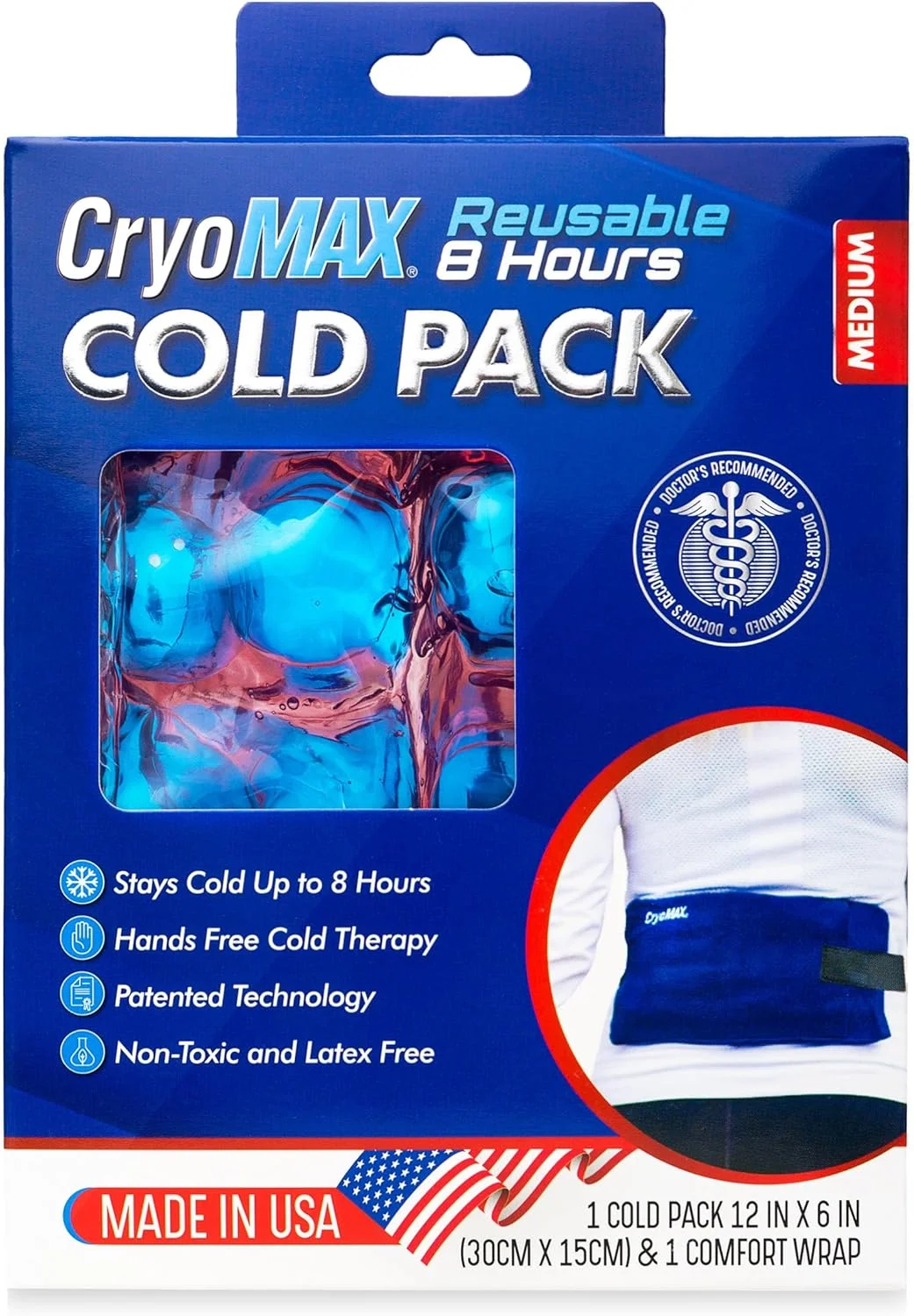 CryoMAX Cold Pack, 8 Hour Reusable Cold Therapy Ice Pack for Elbows, Knees, Neck + More, Medium, 6 x 12 (1 Count)