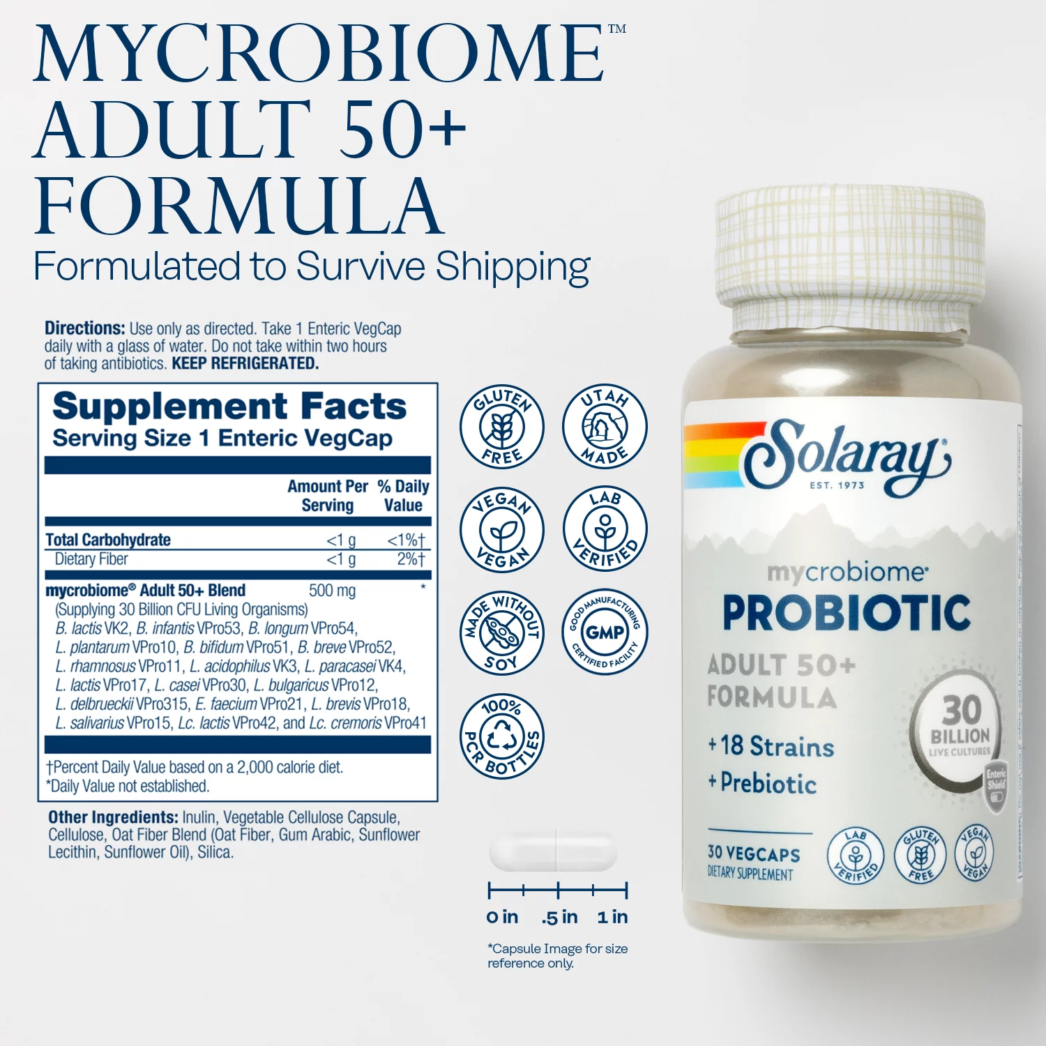 Solaray Mycrobiome Probiotic Adult 50+ Formula | Healthy Digestion, Metabolism, Energy, Colon & Urinary Tract Support | 30 Billion CFU | 30 VegCaps