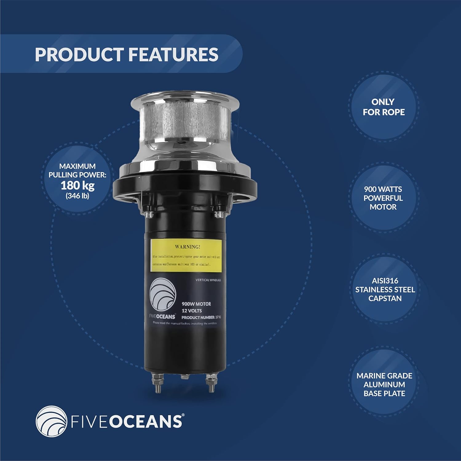 Five Oceans Arctic Capstan 900 Watts Powerful Vertical Mounted Winch AISI316 Stainless Steel, Marine Grade Aluminunm Base Plate, Easy Installation 12 Volts, Ideal for Mid Size Boats Mooring FO-3716