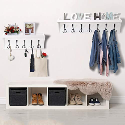 Dseap Wall Shelf with 5 Tri Hooks - 24” Heavy Duty Coat Rack Wall Mount with Shelf, Entryway Shelf with Hooks Underneath - Solid Pine Wood - for Entryway, Mudroom, Kitchen, Bathroom, White