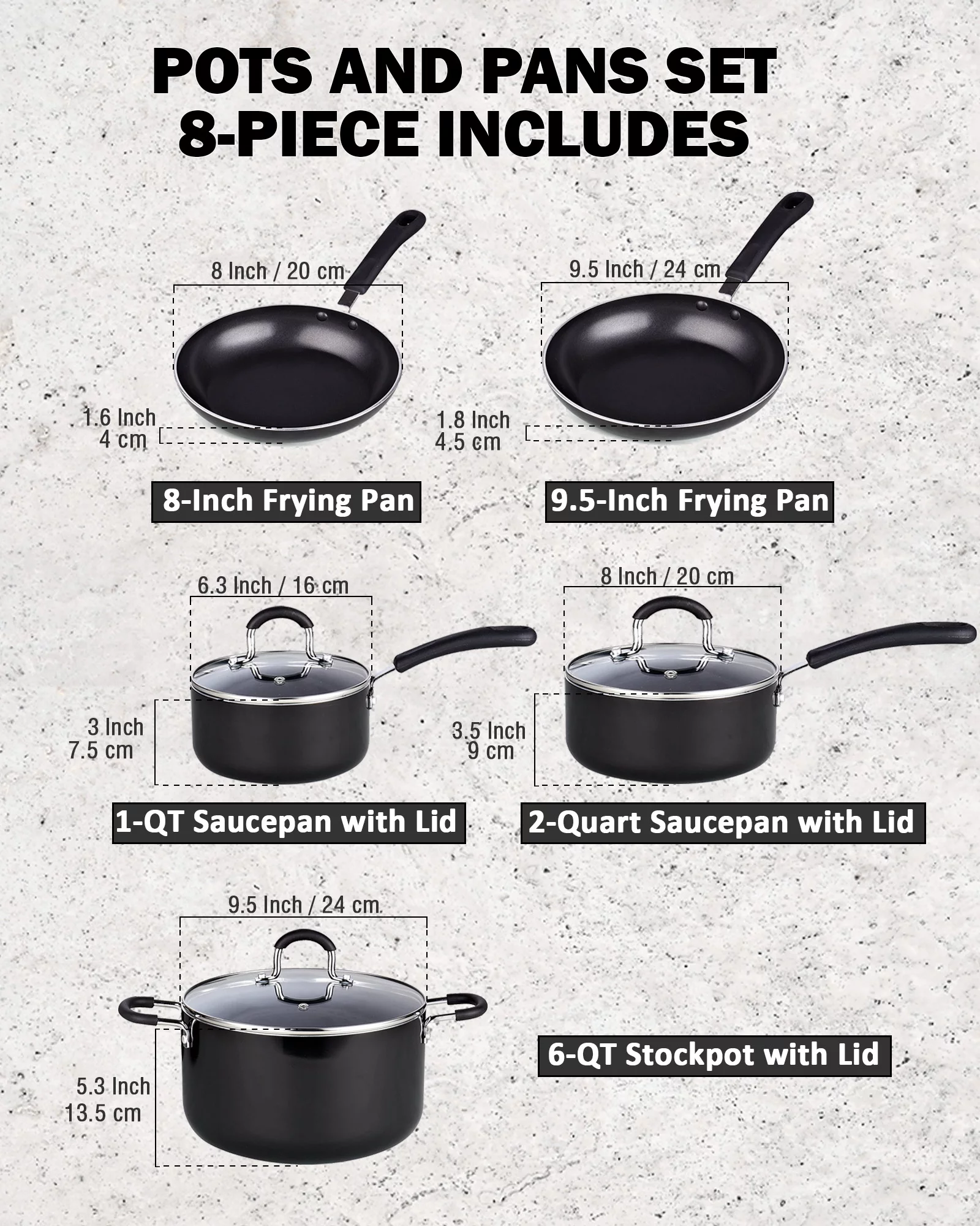 Cook N Home Pots and Pans Nonstick Kitchen Cookware Sets Include Saucepan Frying Pan Stockpots 8-Piece, Heavy Gauge, Stay Cool Handle, Black