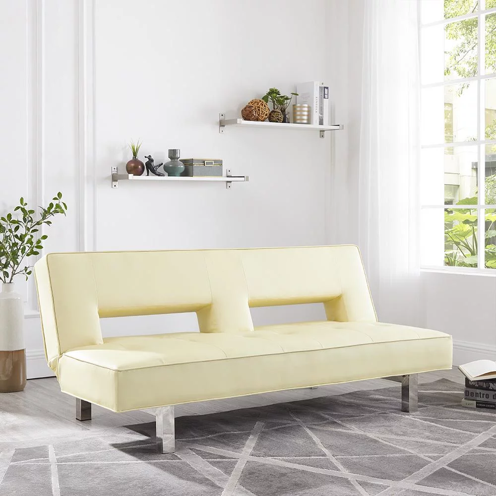 Modern Convertible Futon Sofa Bed with Chrome Metal Legs, European Style Reclining Futon Sofa, Faux Leather, Cream