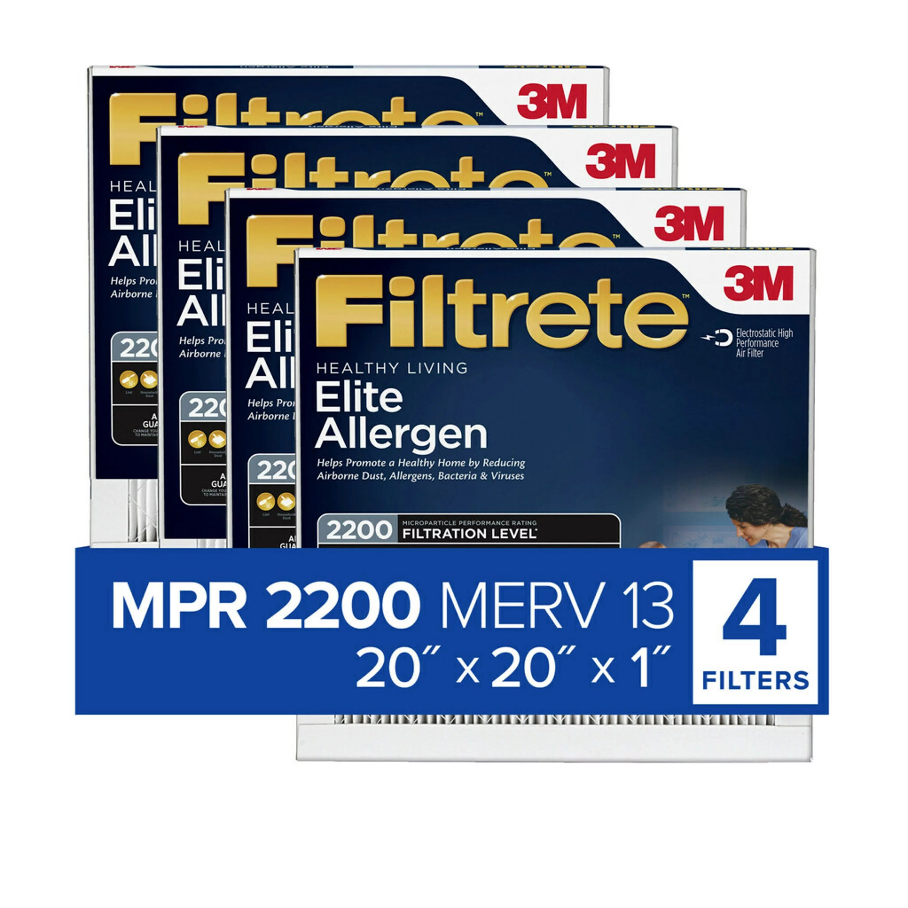 Filtrete 20x20x1 Air Filter, MPR 2200 MERV 13, Elite Allergen Reduction, 4 Filters