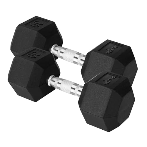 Yes4All Chrome/Rubber Grip Encased Hex Dumbbells – Hand Weights With Anti-Slip 10-30 LBS Pair