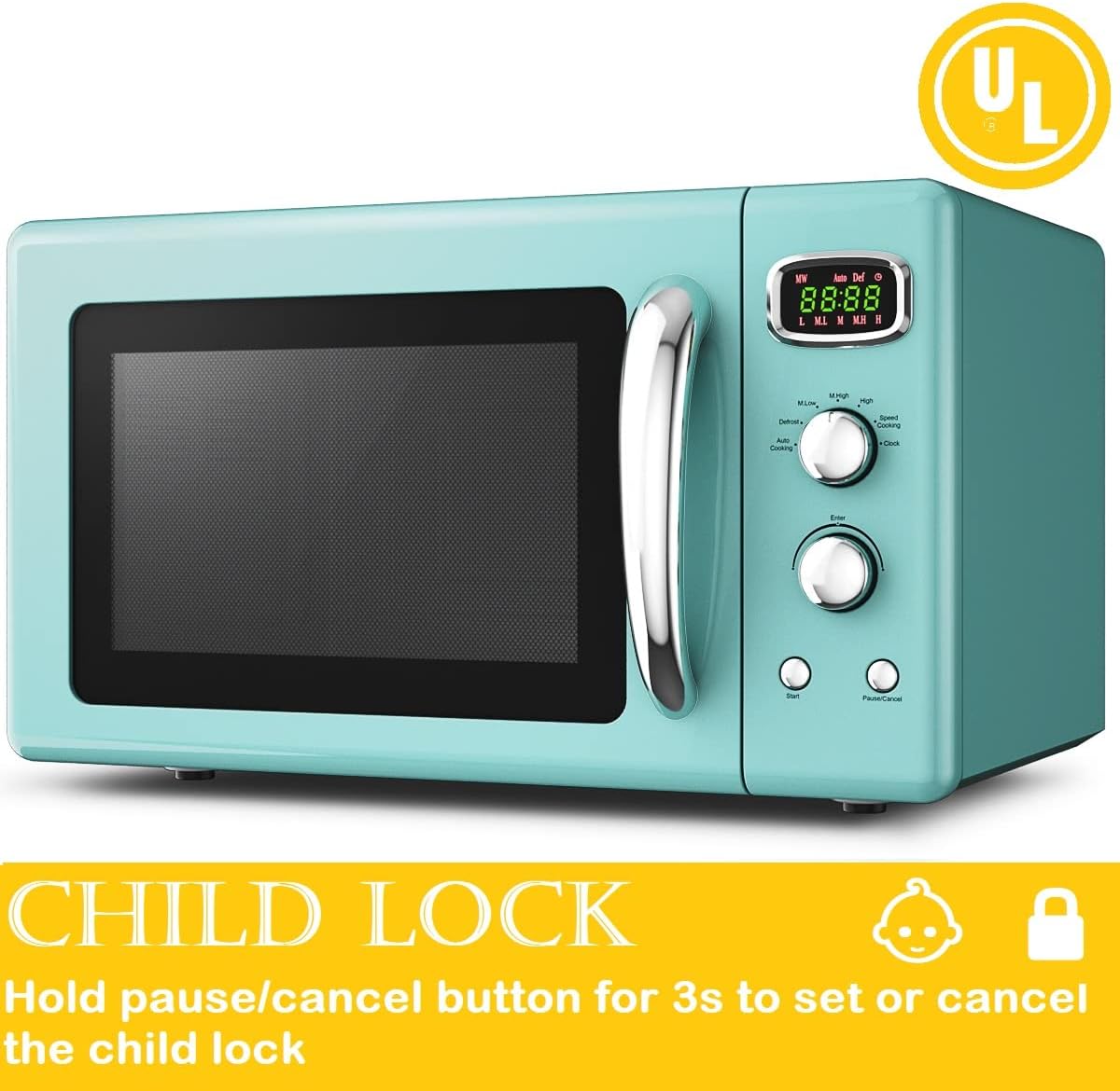 Retro Microwave Oven, SIMOE Compact Countertop Microwave 0.9 cu.ft. 900 W, Defrost & Auto Cooking Function, LED Display, Child Lock and Glass Turntable, ETL Certification