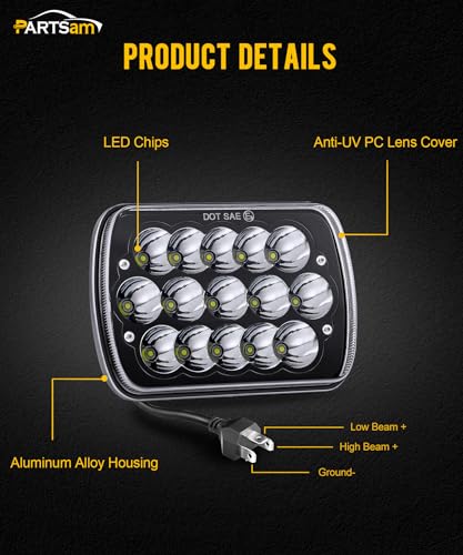 Partsam 2PCS Rectangle H6054 LED Headlights 5x7 7x6 Headlamp Hi/Low Sealed Beam H4 9003 Plug 6054 H5054 Compatible with S10 Blazer Express Van/Wrangler YJ XJ Cherokee Truck Van