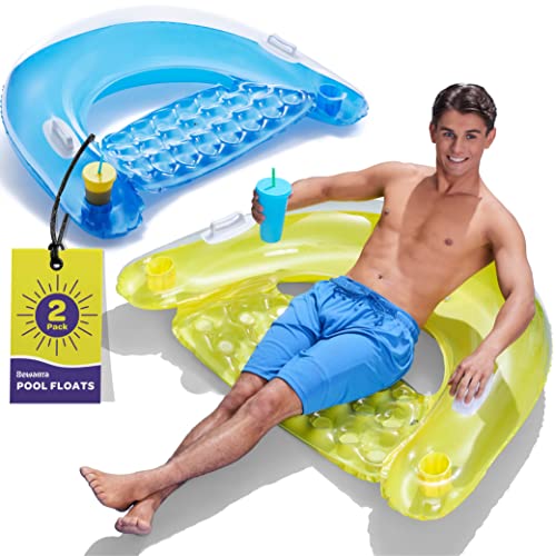 Pool Floats Adult Inflatable Chair Floats with Cup Holders & Handles - Happy Colorful Pool Floaties - Pool Float Comes in 2 Fun Colors, A Relaxing Floats for Swimming Pool.