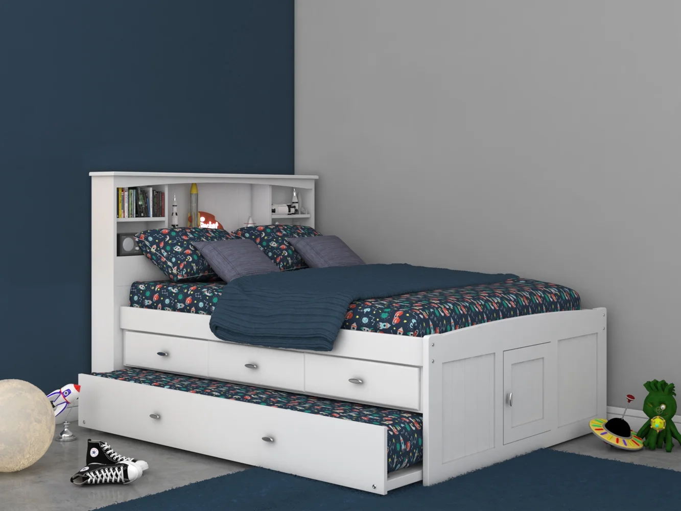 OS Home and Office Furniture Model 80221K3-22 Solid Pine Full Sized Captains Bookcase Bed with 3 spacious under bed drawers and a Twin Trundle in Casual White