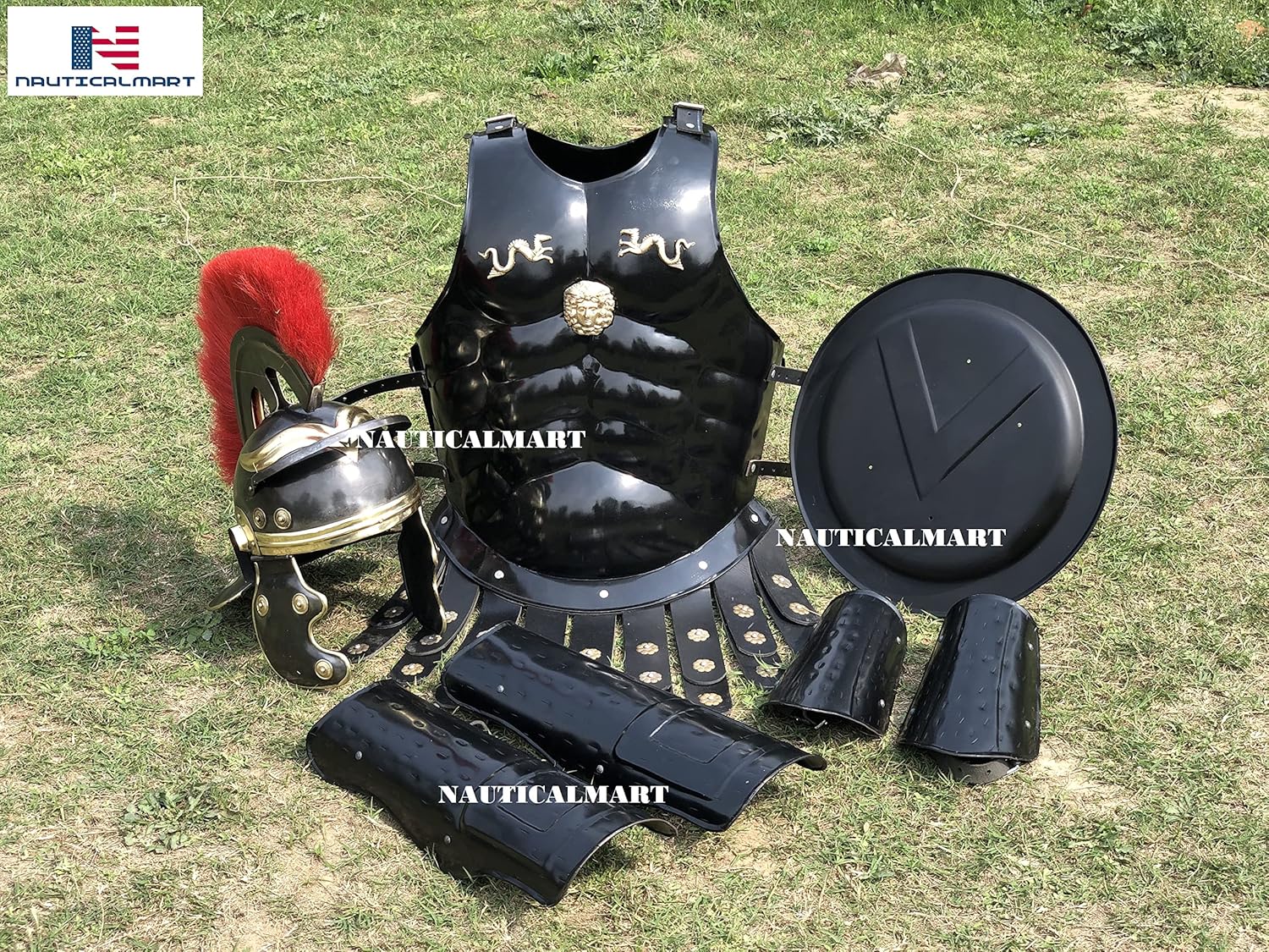 Nautical-Mart Medieval Muscle Body Armor Set Roman Centurion Helmet, Leg & Arm Guard, Shield Halloween Costume Black