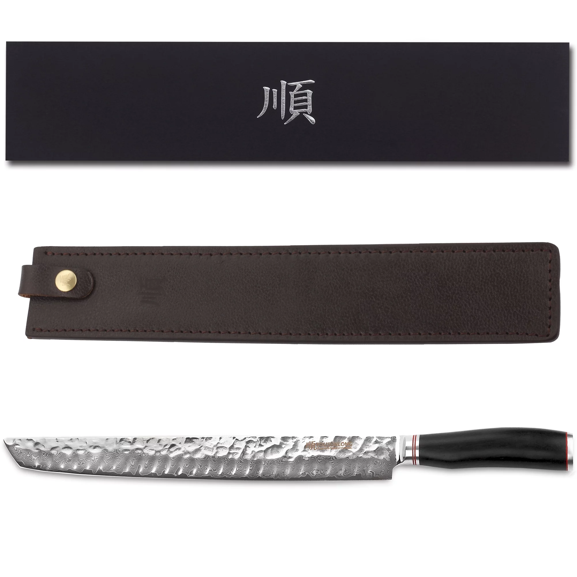 YOUSUNLONG Sujihiki Knife 13 Inch - Japanese Damascus Steel Fillet Knives Naturalwood Handle With Leather Sheath